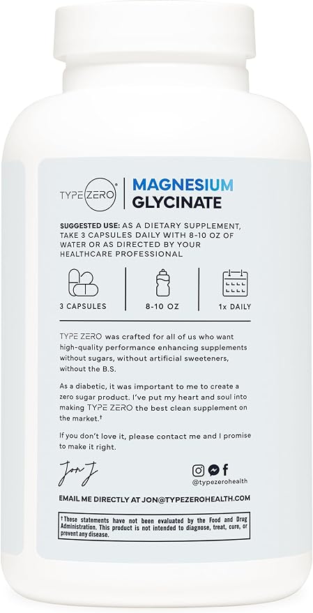 Type Zero Magnesium Glycinate (210mg | 180 Capsules) Pure, Non-GMO, Gluten Free, Natural High Absorption Magnesium Supplement