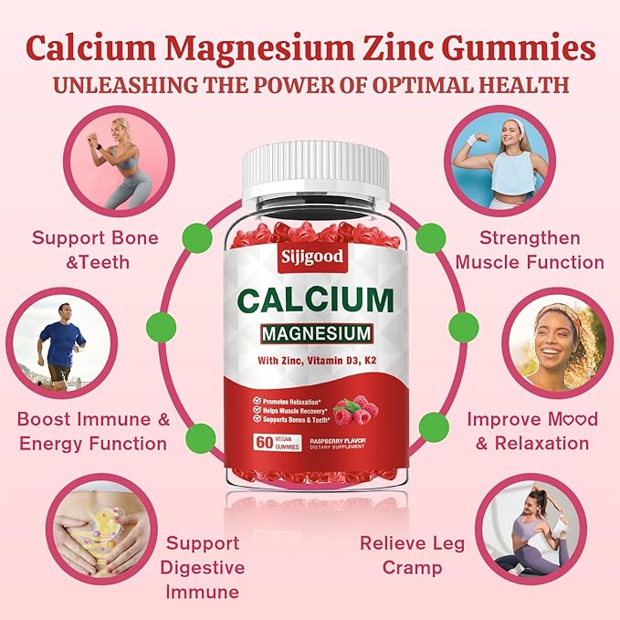 Calcium Magnesium Zinc Gummies – Calcium with Vitamin D3 & K2, Calcium Citrate Gummies for Bone, Muscle, Calm & Zzz Support –High Absorption Magnesium, Raspberry Flavored, 60 Count