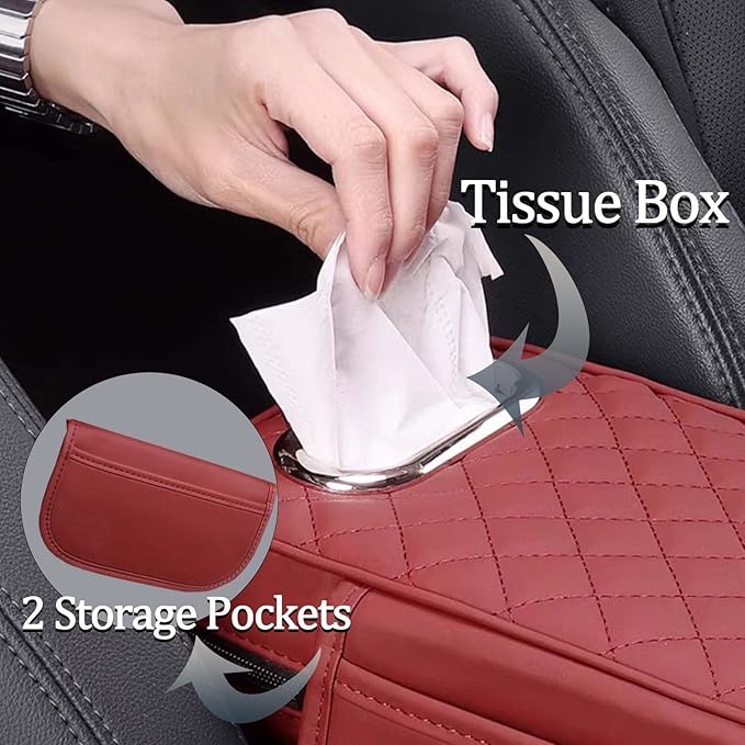 Car Center Console Armrest Pad for Lincoln, Leather Cover with Storage Pocket & Tissue Box Holder, Memory Foam Cushion for Aviator Standard SUV 2020-2025,Grey