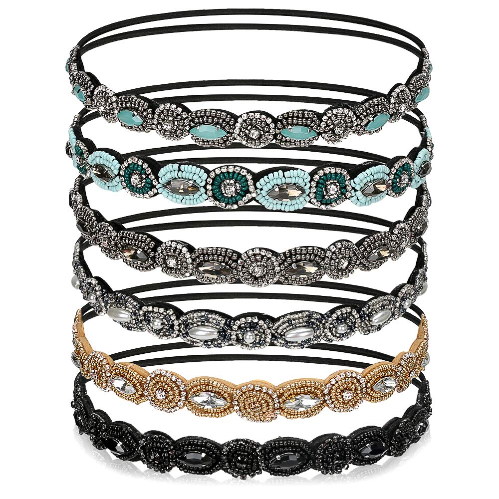 6 Pack Elastic Rhinestone Headbands For Women, Vintage Beads Rhinestone Hair Headband, Handmade Fashionable Diamond Elastic Head