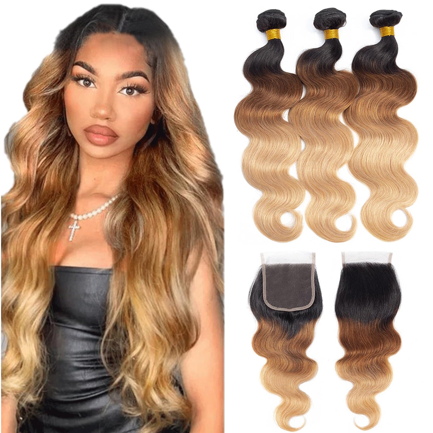 12A Ombre Bundles Human Hair With Closure (18 20 22+18'') Ombre Human Hair 3 Bundles With Closure 100% Unprocessed Virgin Brazil