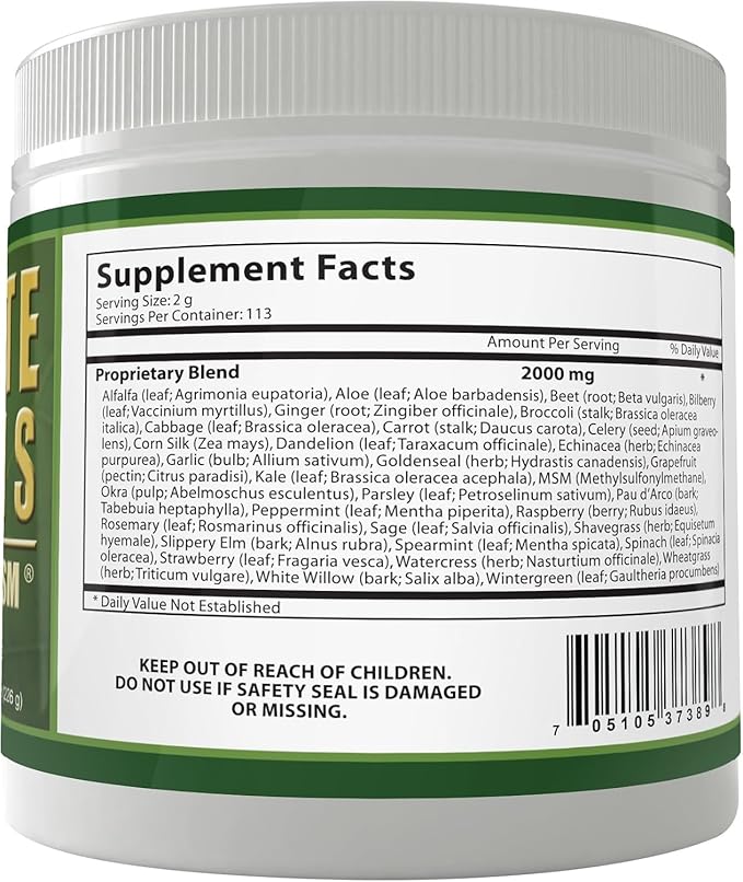 Ultimate Greens with MSM Powder, Vegan Friendly Natural Ingredients Gluten Soy Free NO GMO Superfood Vegetable Nutritional Drink Alkalizing Energy 8oz 6 Pack (6 Month Supply)