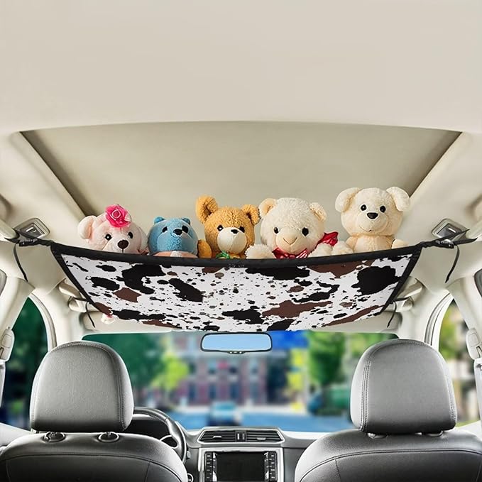 Generic Cow Print Car Ceiling Cargo Net Pocket, 31.69"x24.02" Adjustable Mesh Roof Organizer, Long Trip Storage Bag, Universal Car Ceiling Storage Net Truck Pocket with Zipper Buckle
