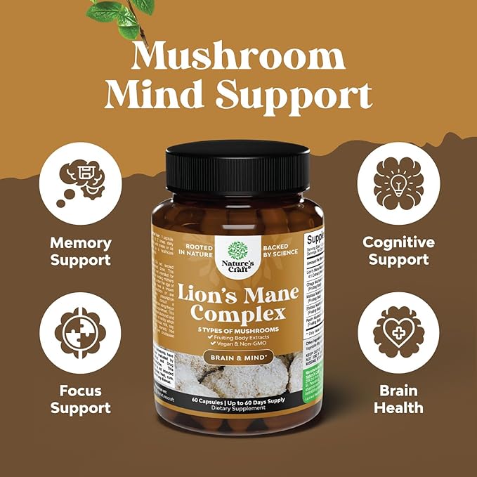Advanced Lion's Mane Mushroom Supplement - Lions Mane Supplement Capsules with Reishi, Chaga , Maitake & Shiitake for Brain Health, Memory Support & Focus - Nootropic for Mental Clarity - 60 Caps
