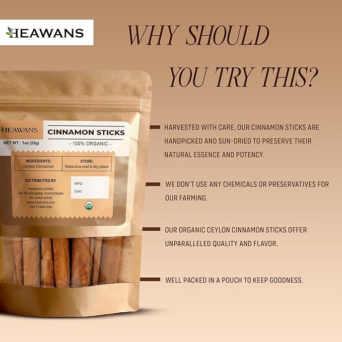 Heawans Organic Ceylon Cinnamon Sticks (1 oz), not cassia cinnamon