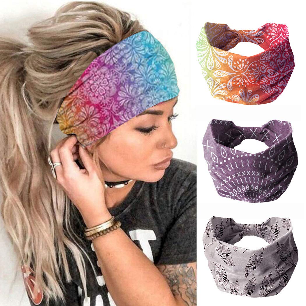 Cakure Boho Headbands Wide Turban Knotted Head Bands African Head Wraps Yoga Hairbands Hair Scarf Elastic Hair Accessories For W