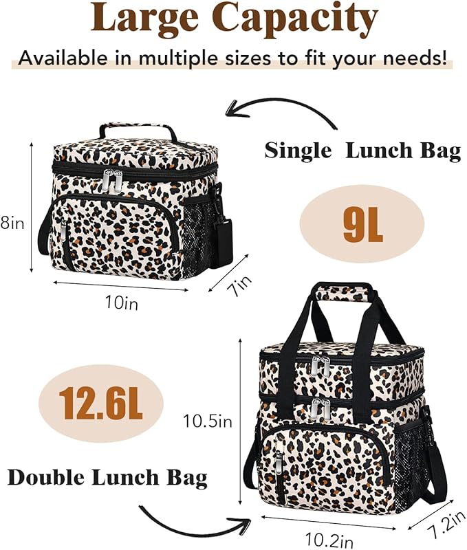 Insulated Lunch Bag for Men & Women, 9L Leakproof Lunch Box Soft Cooler Tote with 5 Pockets, 600D Oxford, EVA Lining, Adjustable Strap for Work, Picnic, Beach&Travel-Leopard Print