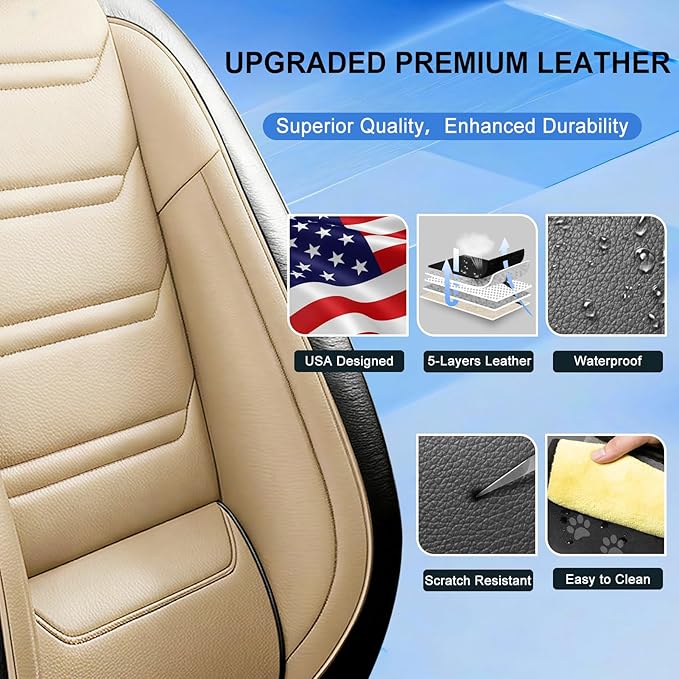 Fit Mazda 3 Car Seat Covers for Select Mazda 3 2010-2019 - Full Coverage Leather, Airbag Compatible, Waterproof & All Weather Seat Cushion Protector, Full Set, Black+Beige