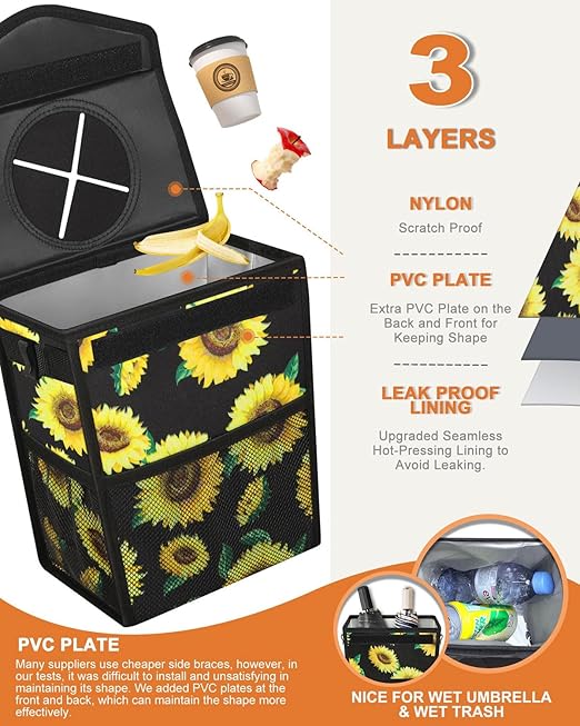 Pritent Car Trash Can with Lid, Cute Leakproof Car Trash Garbage Bag Hanging Vehicle Trash Bin Small Portable Automotive Garbage Cans Organizer for Back/Front Seat/Console(Trapezoid,Sunflower)