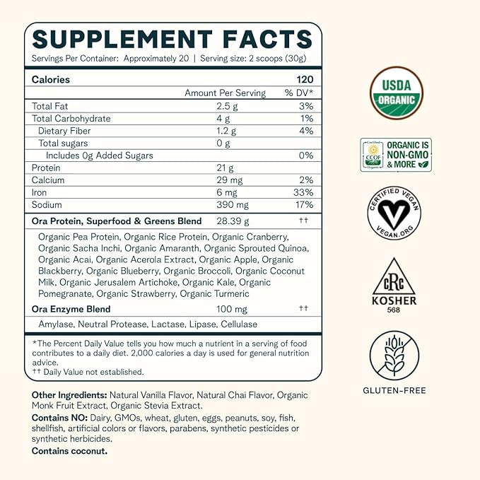 Ora Organic Vegan Protein Powder - 21g Plant Based Protein Powder for Women and Men | Clean Protein Source, Keto Friendly, Gluten Free, Paleo, Dairy-Free, Gluten-Free, Soy-Free (Vanilla Chai)