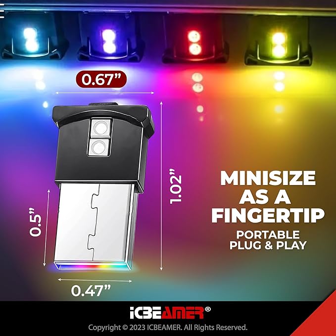 ICBEAMER Mini Smart USB Type-A 2-Pack (White) | LED Night Light for Car Interior, Trunk, Center Console, Easy Plug-in, Perfect for Ambient Atmosphere in Vehicles