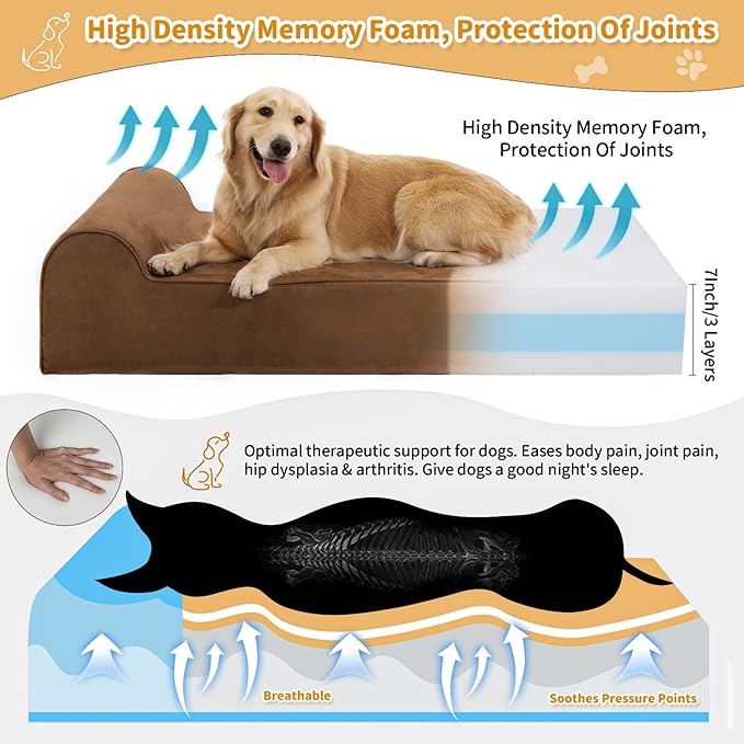 Orthopedic Dog Beds for Large Dogs, 7" Memory Foam Dog Beds with Waterproof Liner, Chew Proof Microsuede Cover, Removable and Washable, Nonskid Bottom, 60"x48" XXL Brown