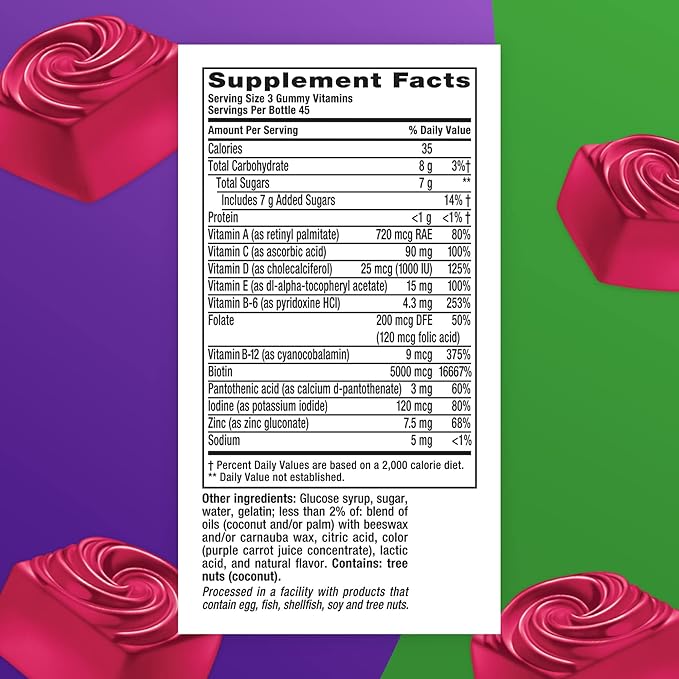 Vitafusion Gorgeous Hair, Skin & Nails Multivitamin Plus Biotin and Antioxidant Vitamins C&E, Raspberry Flavor, 135ct (45 Day Supply), from America’s Number One Gummy Vitamin Brand (Pack of 2)