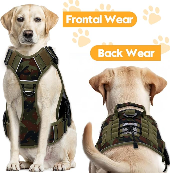 Heavy-Duty Tactical Dog Harness for Large Dogs, No Pull Adjustable Reflective Pet Vest with Molle System, K9 Military-Grade Control for Service Training, Outdoor & 10+ Breeds, Green Camo, X-Large