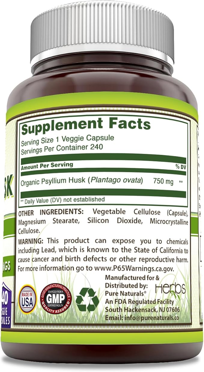 Pure Naturals Psyllium Husk Supplement | 750 Mg Per Serving | 240 Veggie Capsules | Non-GMO | Gluten-Free | Made in USA