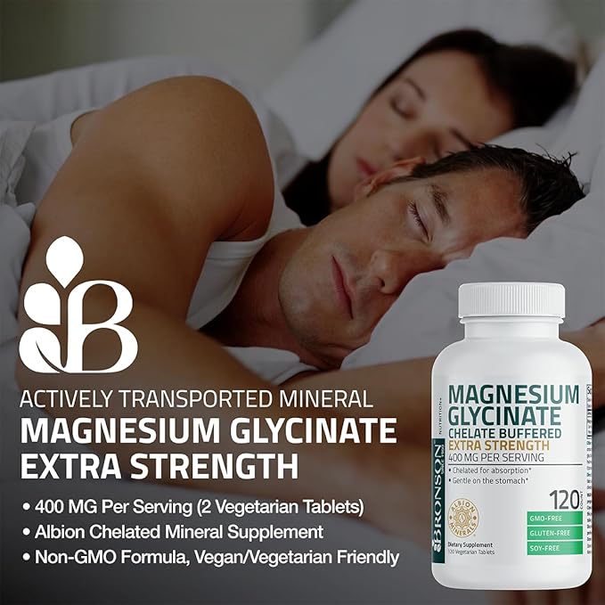 Bronson Magnesium Glycinate 400mg Extra Strength, Vegetarian, Chelated for Absorption Gentle on The Stomach, Non-GMO, 60 Tablets