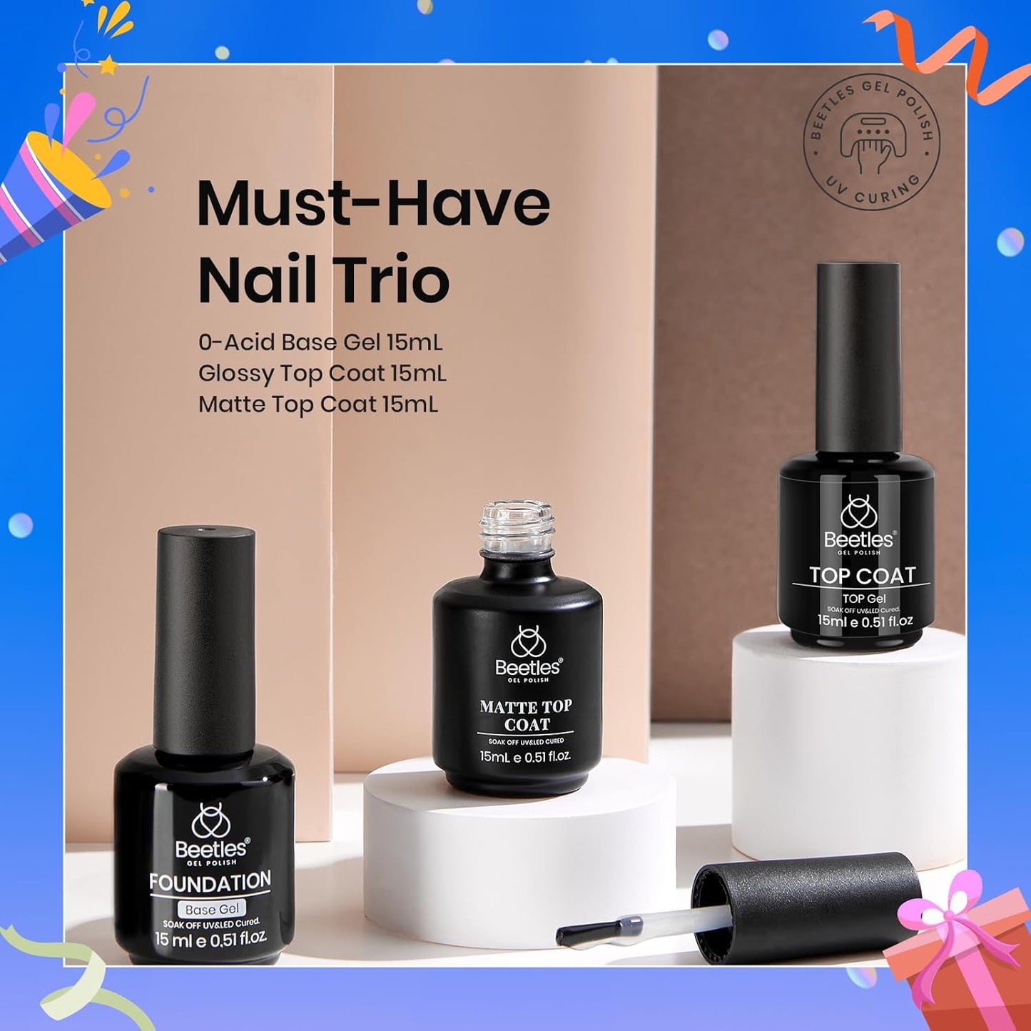 Beetles Gel Nail Polish Set – 3Pcs No Wipe Top Coat & Cuticle Oil | Glossy Shine