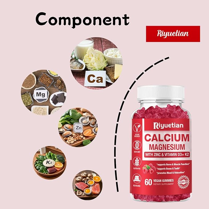 Calcium Magnesium Zinc Gummies with Vitamin D3 Supplement, Sugar Free Calcium Supplements for Women Men, Gluten-Free, Vegan Raspberry Flavor, 60 Count