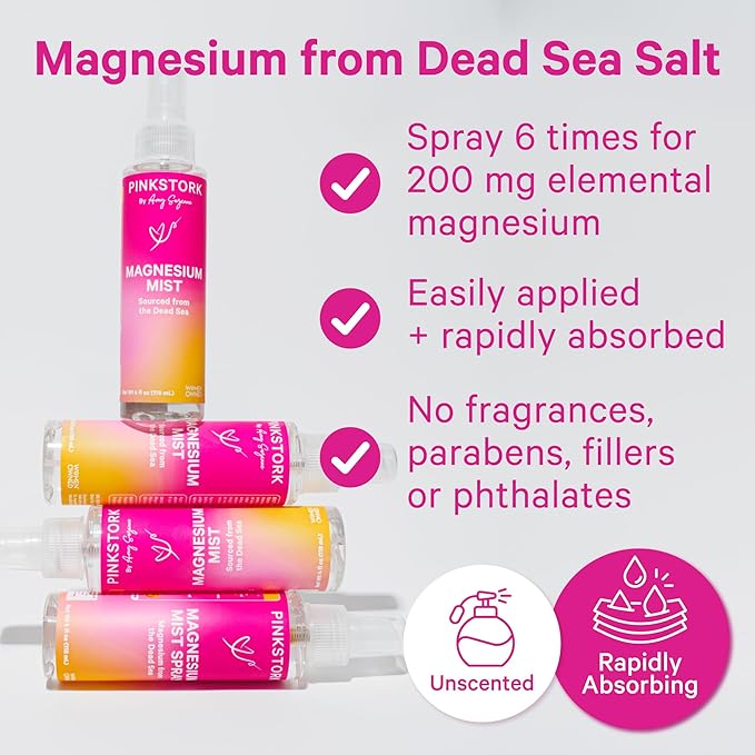 Pink Stork Magnesium Spray Mist - for Calm, Stress, and Sleep, Seasickness Support, Pregnancy Must Haves, 200 mg per 6 Sprays, Pure Magnesium Chloride Body Spray, 4 oz, Unscented