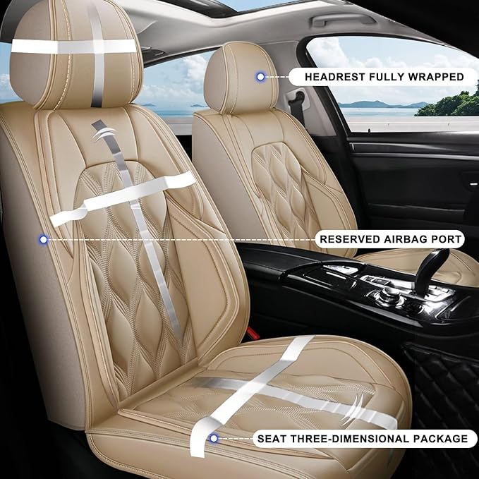 AOMSAZTO Car Seat Covers,2 Front Seats Custom Fit for Ford Mustang 2007-2022 Faux Leather Automotive Cushion Covers Seat Protector,Airbag Compatible Waterproof Beige