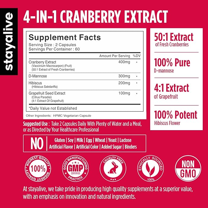 STAY ALIVE Cranberry Pills for Women and Men 1000mg with D-mannose, Hibiscus and Grapefruit Seed Extract, 120 Count, D-mannose Cranberry Supplement, Vegan, Non-GMO & Gluten-Free Powder Capsules