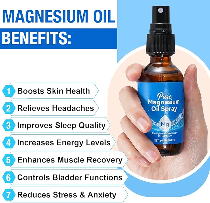 Magnesium Spray, Pure Magnesium Oil Spray for Feet, Natural Organic Ingredient in Glass Bottle, Easy to Absorb and Use (60ML)