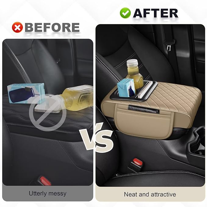 Center Console Cover Fit for Camry Faux Leather Car Armrest Cushion with Storage Bags, Cup Holder ＆ Phone Storage Multifunctional Middle Console Cover(Beige)