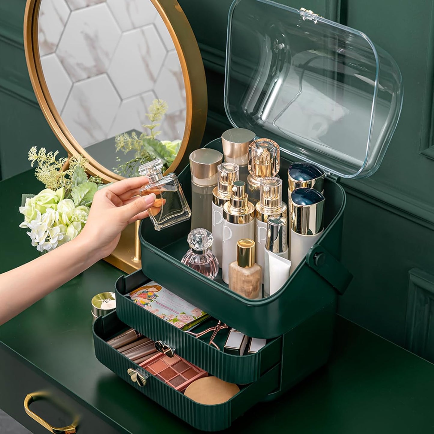 Preppy Makeup Organizer | 3-Tier Cosmetic Storage Box | Ivory White, Portable