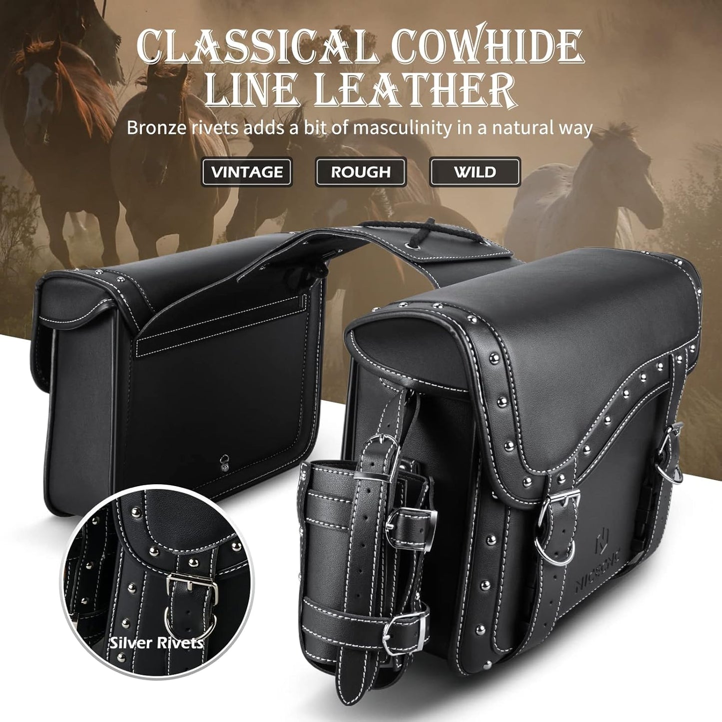 NICECNC Motorcycle Saddle Bags, PU leather Motorcycle Saddlebags, Reinforced Straps & Saddle Piece, with Cup Holder, Throw Over Saddle Bags Side Bags Universal Motorcycle Accessories bags, BlACK