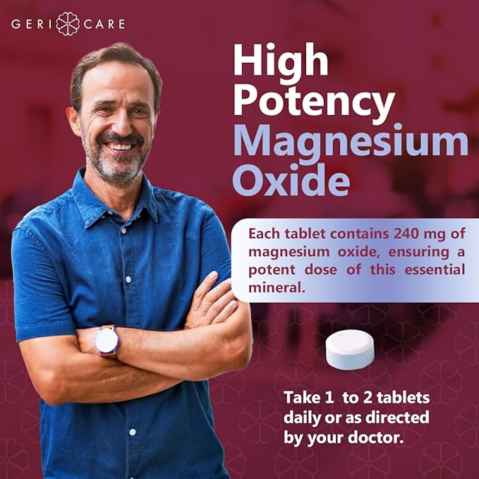 GeriCare Magnesium Oxide Supplement 240 mg - Elemental Magnesium, 120 Coated Tablets – Essential Mineral Support - Promotes Vascular Health, Bone Strength, and Muscle Function (Pack of 6)