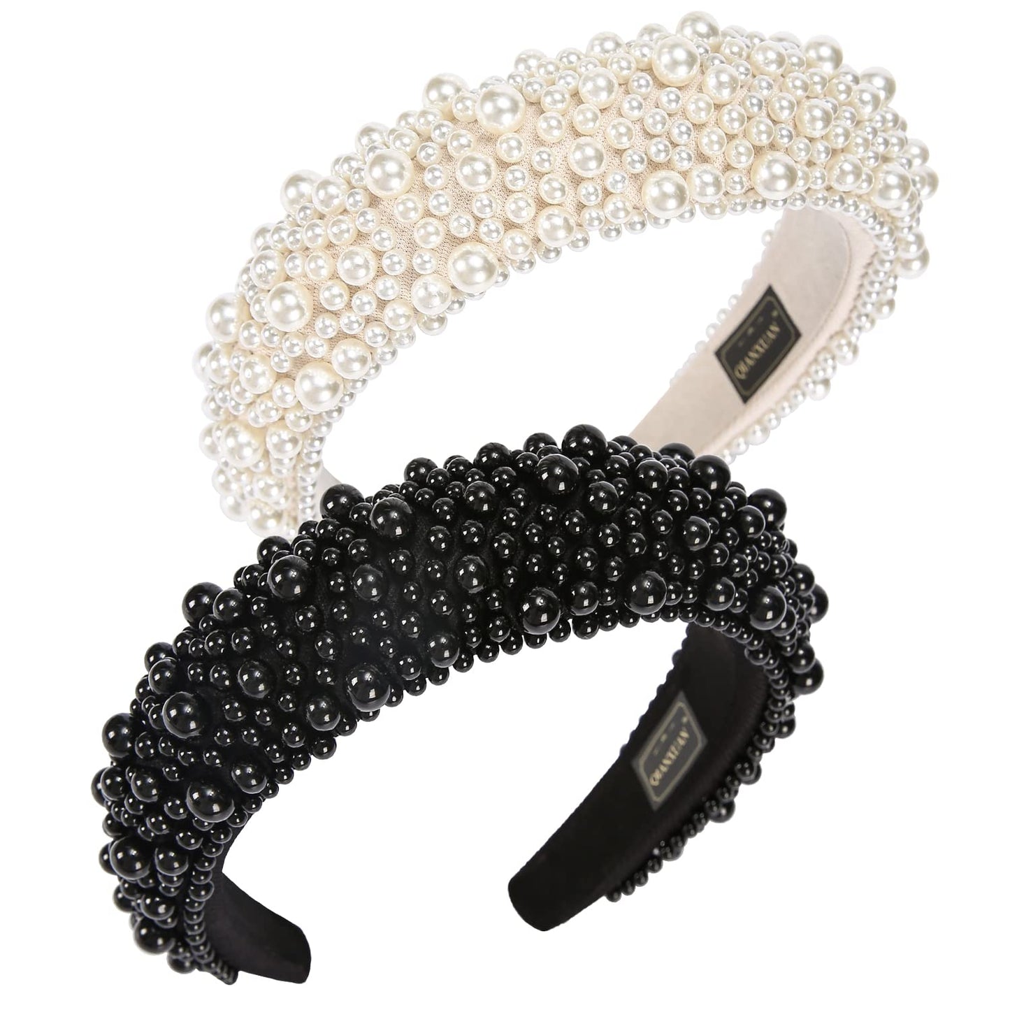 Qianxuan Fashion Headbands For Women'S Hair White Pearl Headbands For Girls Black Padded Headband Rhinestones Beading Pearls Hai