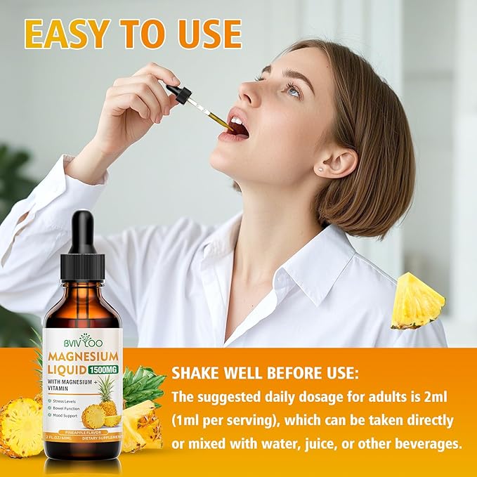 2 Pack Magnesium Glycinate Liquid, High Absorption Magnesium Liquid Drops with Cellulose Fiber, Bromelain, Vitamins B6 C D & Zinc, Magnesium Supplement for Adults & Kids, Pineapple Flavor