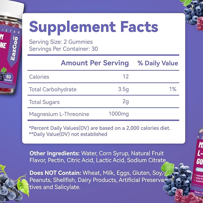 Magnesium Threonine Gummies 1000mg, L-Threonine Gummies for Adults, Best Magnesium Supplements for Brain, Non-GMO, Gluten Free, Vegan, 120 Grape Magnesium Gummies