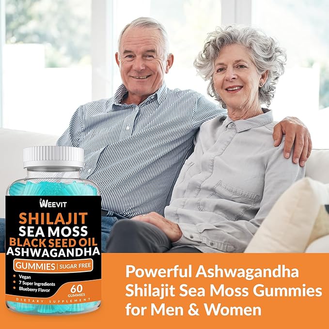 Shilajit Ashwagandha Black Seed Oil Gummies with Sea Moss for Women & Men, All in 1 Supplements Advanced Strength Formula for Immune, Absorption & Energy Support