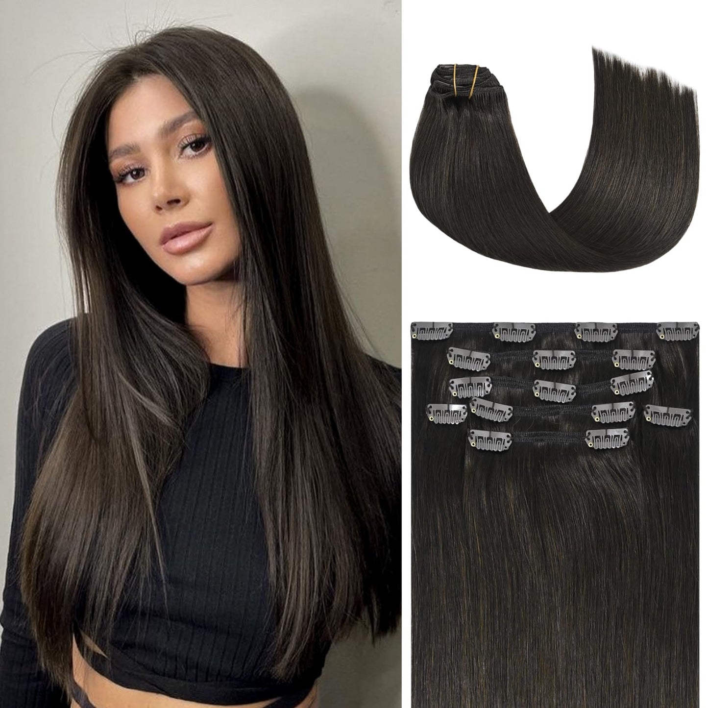 Honsoo Hair Extensions Real Human Hair Clip Ins Dark Brown 100G 20In 7Pcs Long Straight Sliky And Smooth Real Human Hair