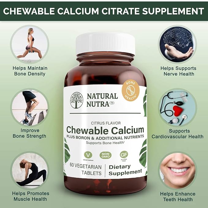Natural Nutra Chewable Calcium Supplement for Bone Strength, Promotes Muscle Health, Helps Enhance Teeth Health, Support Nerve Health, and Cardiovascular Health, Improve Bone Strength, 60 Tablets