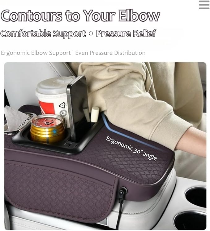 2026 Upgraded Car Center Console Cushion with 30w USB& Type-C Charging Ports, Leather Car Armrest Pad Cover, Interior Accessories for Most Vehicles (Classic Flat Version, Grey)