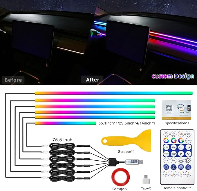 Dreamcolor Acrylic Interior Car LED Strip Light with USB/Type C, RGB 6 in 1 with 187 inches 650 LEDs Strip, Dynamic Chasing Music Sync Neon Ambient Lighting Kits