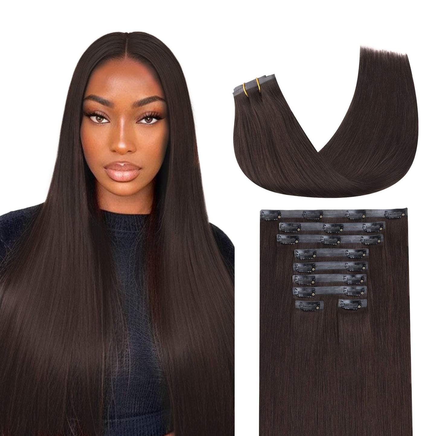 Lashey Seamless Clip In Hair Extensions Human Hair 150G 9Pcs #2 Dark Brown Straight 24 Inch Clip In Hair Extensions For Women Ha