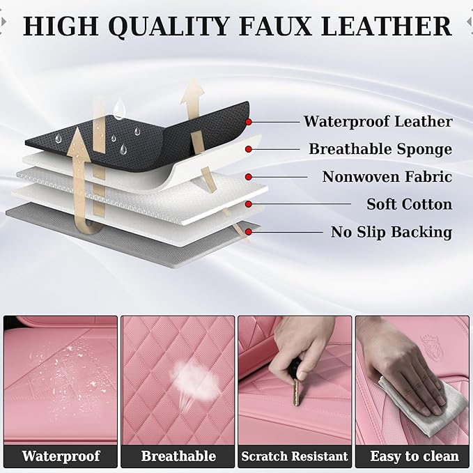 Coverado Front Seat Covers, Luxury Faux Leather Seat Covers for Cars, Pink Car Seat Covers, Car Seat Protector Waterproof, Automotive Interior Accessories Universal Fit for Most Sedans, SUVs, Trucks
