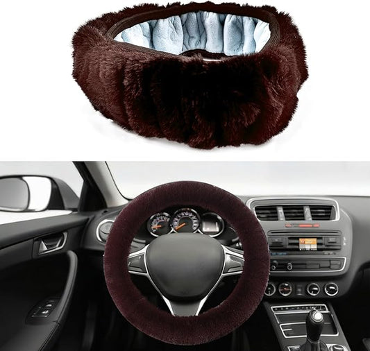 Fluffy Steering Wheel Cover, Winter Warm, Suitable for Most Car Steering Wheels in The 14-15 Inch Range (Coffee, 1PCS)