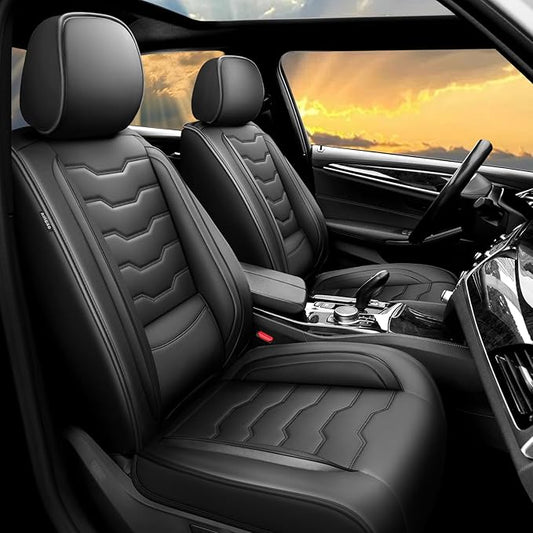 Fit Leaf Car Seat Covers Compatible with Nissan Leaf 2012-2025 2026 - Full Set Premium Leather， Waterproof Breathable， All-Weather Seat Cushion Protecto&Airbag Compatible（Full Set,Black
