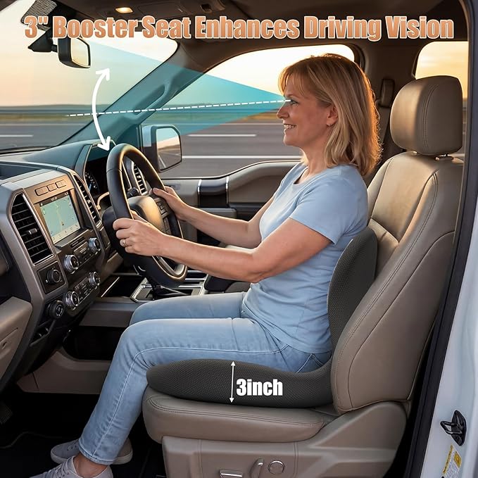 Car Seat Cushion with Lumbar Support for Long Driving Truck RV, 3" Lift Breathable Ergonomic Memory Foam Cushion for Hip, Coccyx, Sciatica, Tailbone & Lower Back Support Van Office Chair (Embroider)