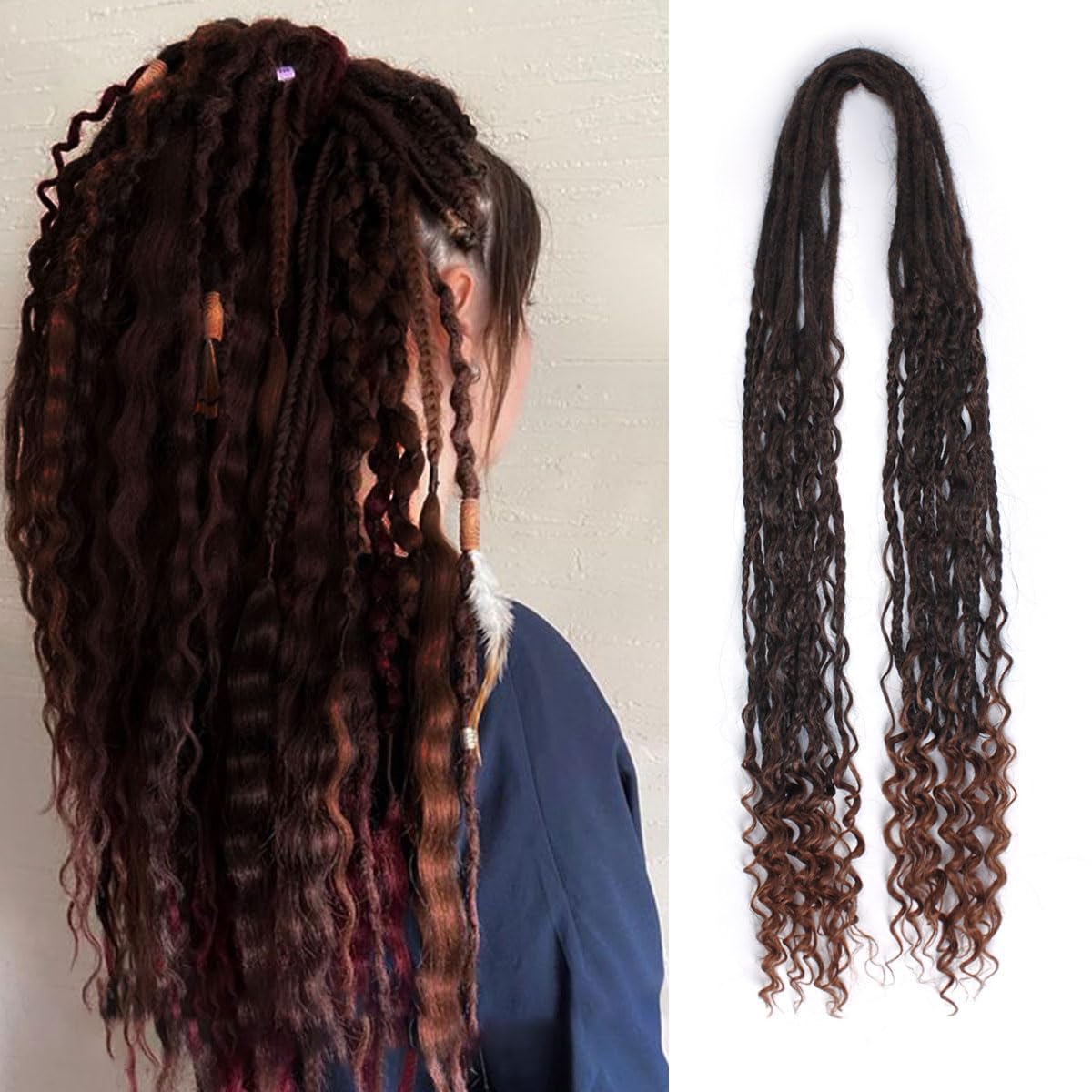 Lounoke 24 In Boho Braid Dreadlock Extensions, 10 Strands Ombre Auburn Synthetic Curly Dreads Extensions With Box Braid, 100% Ha