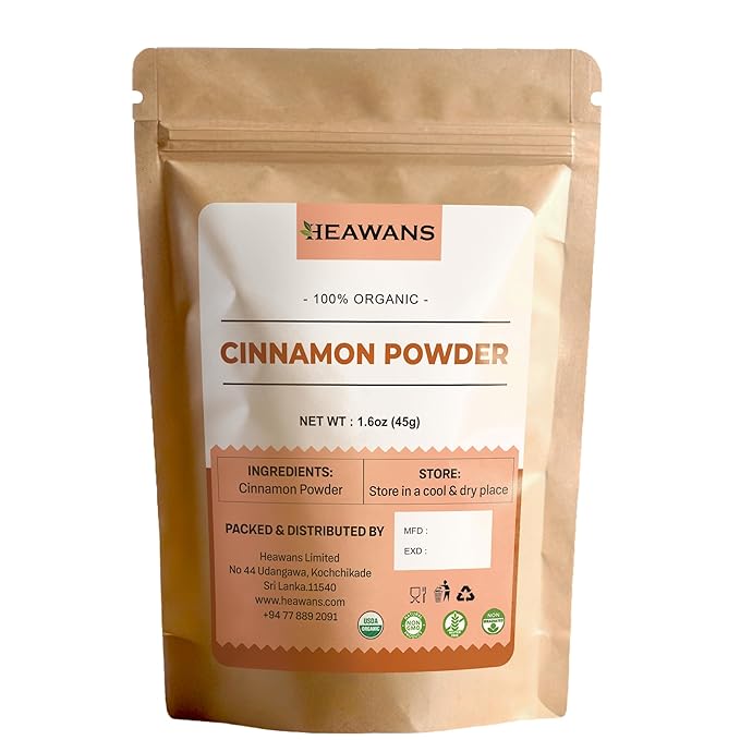 Organic Ceylon Cinnamon Ground Premium (Real or True Cinnamon) Grade Powder from a USDA certified farm in Sri Lanka. (1.6 oz)