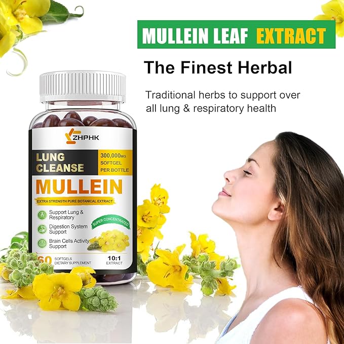 Mullein Leaf Extract for Lungs Softgels, Lung Cleanse Lung Detox for Smokers, Respiratory Support Lung and Bronchial Support, Vegan, Non-GMO, Immune Digestive Support, 60-Count, 60 Days Supply
