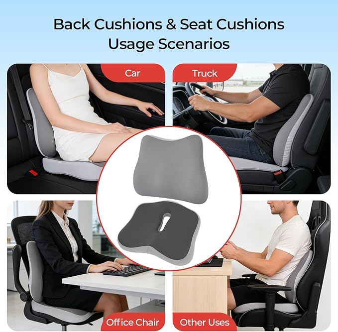 Car Seat Cushion & Lumbar Support Set, Memory Foam Seat Cushion for Long Sitting & Driving, Ideal for Truck Bus Van Drivers, Office Chair Cushion Set (Gray) (White)