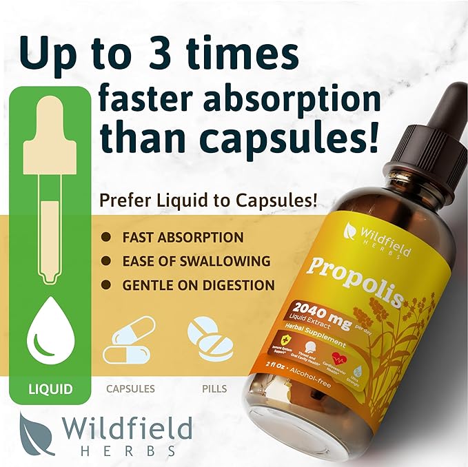 Propolis Extract Drops - Propolis Tincture 2040mg Liquid Herbal Supplement Absorbs Better Than Capsules, 1 Month Supply, 84 Servings, Alcohol-Free Tincture - 2 Oz, Pack of 1