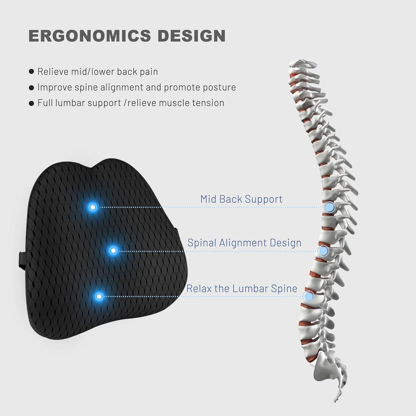Lumbar Support Pillow for Car and Office Chair, Back Support Pillow for Car Seat, Memory Foam Back Cushion for Low Back Support and Pain Relief (Black)