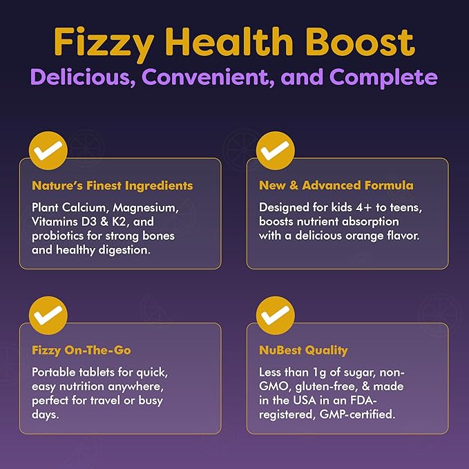 NuBest Tall Fizzy - Bone Strength, Immunity, Digestive Health for Kids & Teens | Probiotic, Calcium, Magnesium from Red Marine Algae, Vitamin D3, K2 & Zinc | 20 Orange Effervescent Tablets - Ages 4+